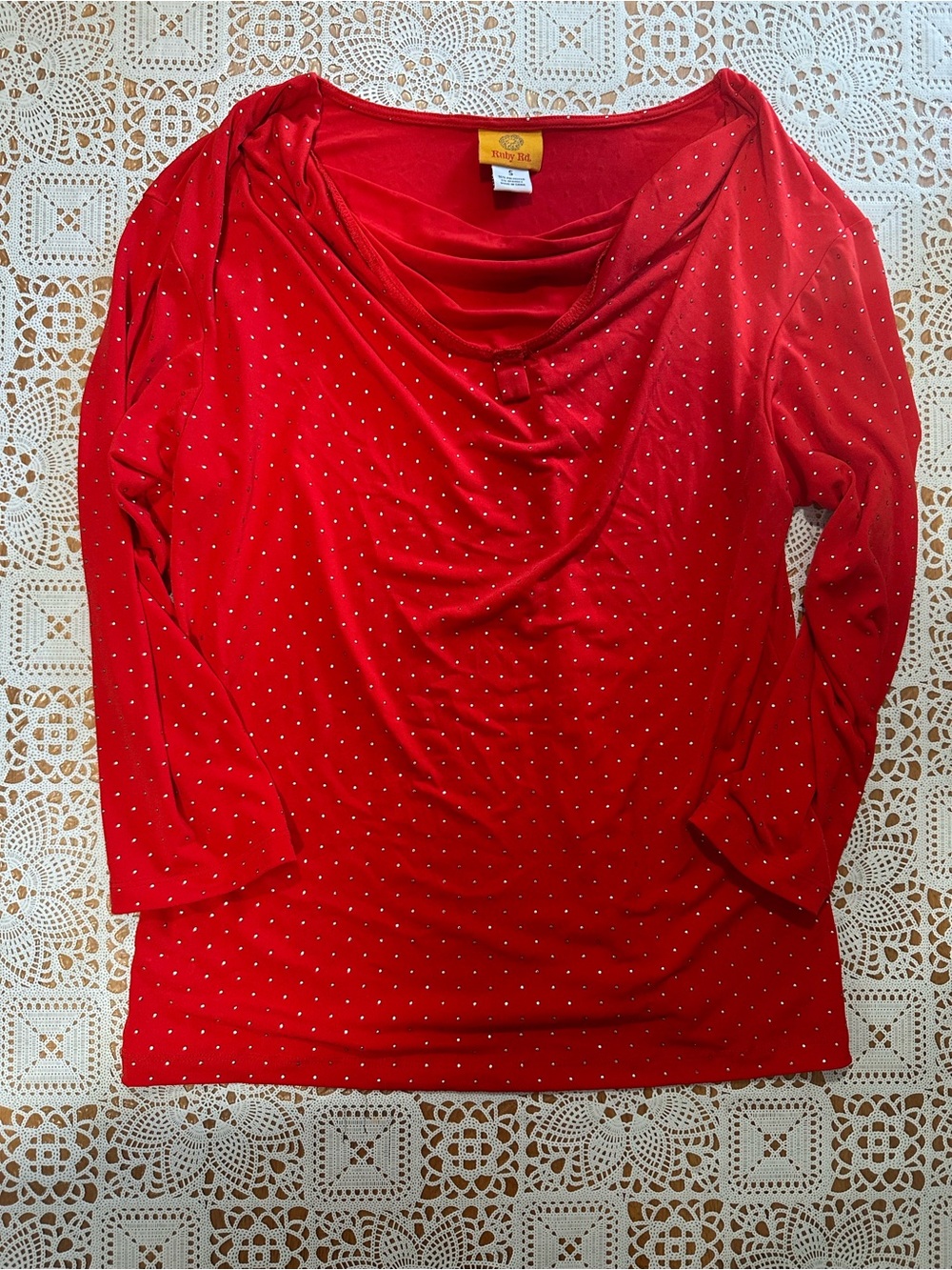 Ruby Rd Red Rhinestone Cowl Neck Long Sleeve Top Size Small